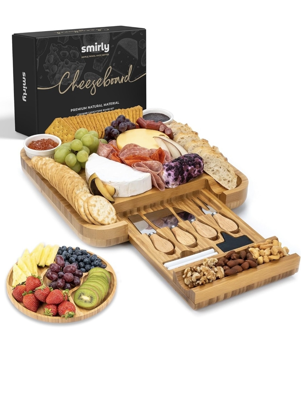 Smirly Bamboo Cheeseboard Serving Set - Natural Wood